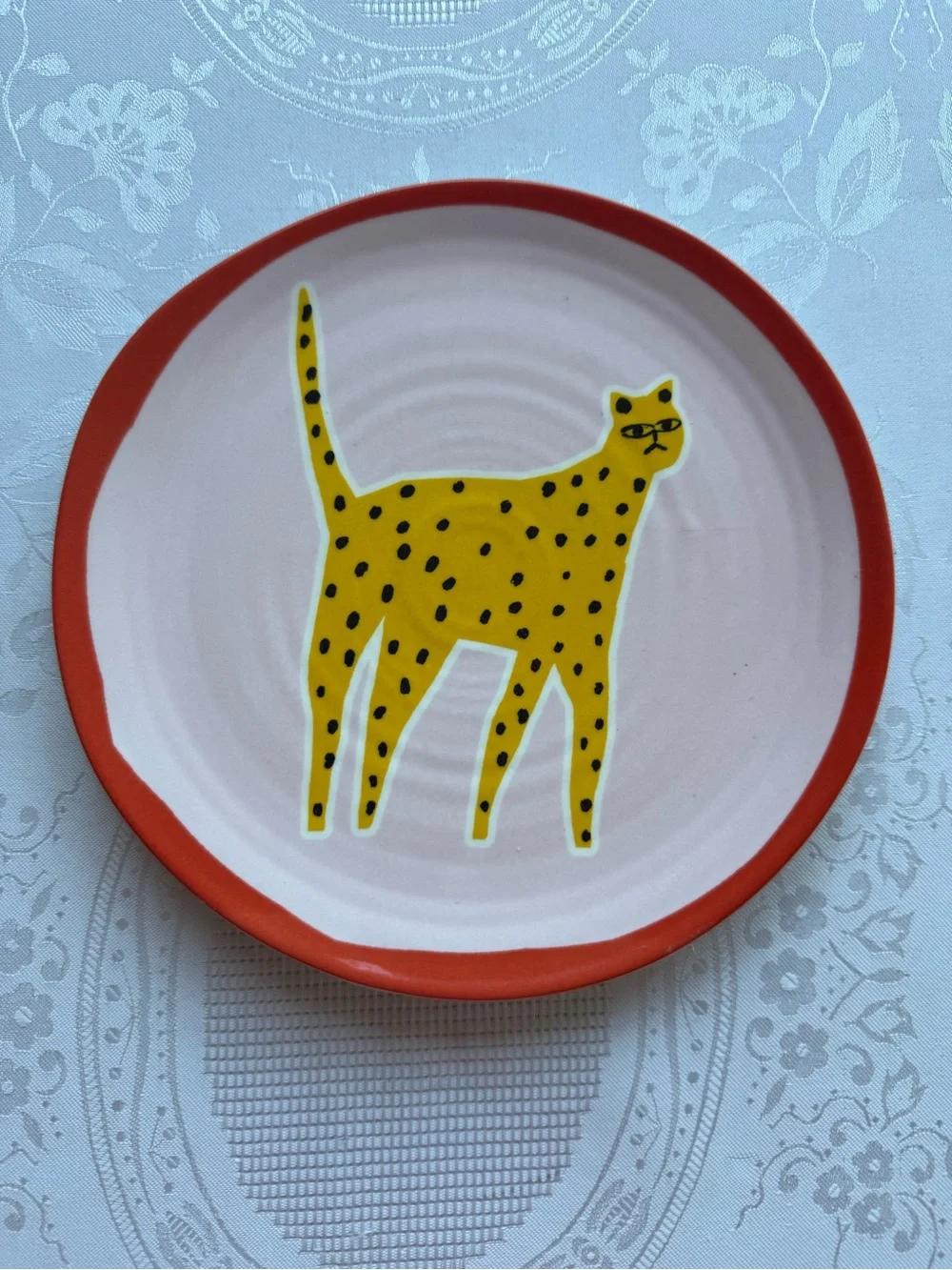 Anthropologie Marcello Velho Folksong Dessert Plate Cat Motif Pink/Orange Folk